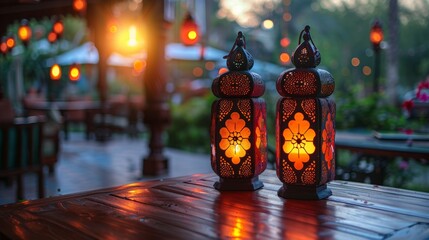A pair of glowing Moroccan decorative lanterns on the table. - 790340285