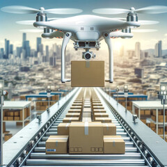 Industrial drone automating package delivery on conveyor belt in modern warehouse.
