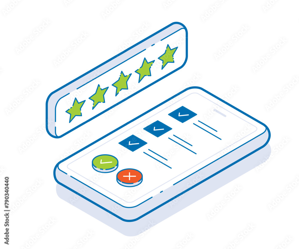 Poster online survey isometric vector concept. putting check mark on checklist on smartphone. survey from f