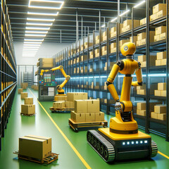 Autonomous yellow robots with packages in futuristic warehouse setting. Smart logistics and AI concept