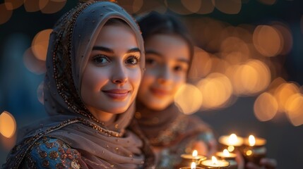 Arab family enjoying the glow of the holiday during the festival celebration - 790340410