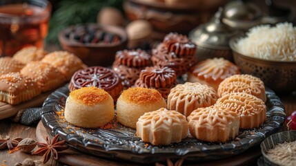 Assorted semolina maamoul or mamoul cookies with dallah and ramadan decor. - 790340439