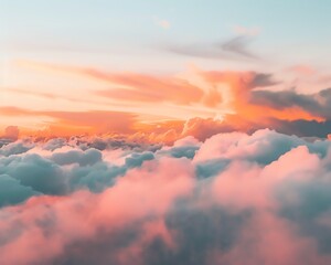 Serene image of a cloudy sky at sunset, with layers of orange and pink hues blending into soft grays, perfect for background use in wellness apps or relaxation guides