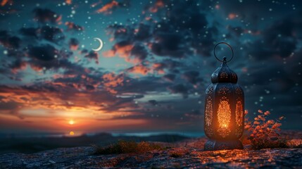 Islamic lantern on night sky with crescent moon and stars - 790340657