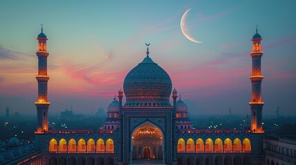 Mosques Dome on dark blue twilight sky and Crescent Moon on background - 790340667