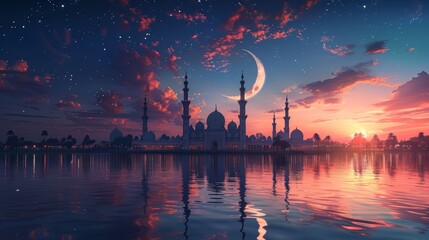 Mosques Dome on dark blue twilight sky and Crescent Moon on background - 790340675