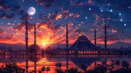 Mosques Dome on dark blue twilight sky and Crescent Moon on background - 790340695