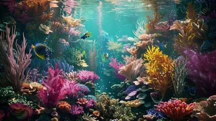 Tropical sea garden: An underwater garden of colorful coral and exotic marine plants creates a mesmerizing backdrop for a thriving ecosystem.