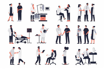 Set of medical care scenes. Doctor and patient, ultrasound examination, caring for the elderly vector icon, white background, black colour icon
