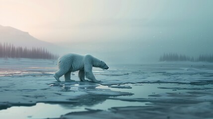 A regal polar bear prowling across the frozen tundra, its thick fur glistening in the soft glow of the Arctic twilight as it searches for prey amidst the vast expanse of ice and snow. - obrazy, fototapety, plakaty
