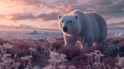 A regal polar bear prowling across the frozen tundra, its thick fur glistening in the soft glow of the Arctic twilight as it searches for prey amidst the vast expanse of ice and snow. - obrazy, fototapety, plakaty