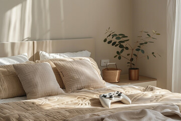 Beautiful minimalistic bedroom interior in beige tones