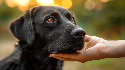 A black dog with its head in a person's hand, AI