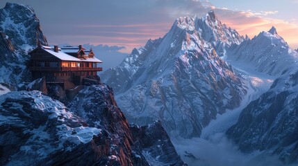 A remote mountain lodge perched on the edge of a rugged alpine peak, its timber-framed facade and snow-covered roofline standing in stark contrast to the rocky terrain. - obrazy, fototapety, plakaty