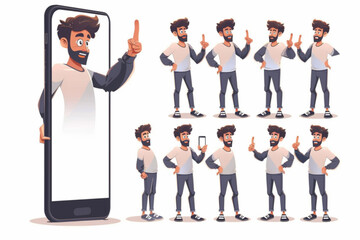 Set of male character in various poses and actions. Happy guy gesticulates, poses, points to a huge smartphone 3D avatars set vector icon, white background, black colour icon - obrazy, fototapety, plakaty