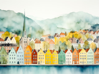 Minimal watercolour of Norway. View of Bergen, facades front view - 790341621