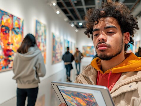 A man is holding a tablet in front of a painting. The painting is colorful and abstract. The man is looking at the tablet, which has a picture of the painting on it