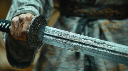 A close up of a person holding an ornate sword in their hand, AI