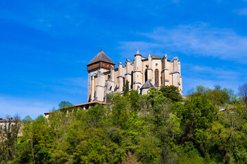Fototapeta na wymiar Cathédrale Sainte-Marie de Saint-Bertrand-de-Comminges, au style imposant, vue depuis le contrebas
