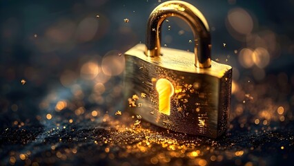 Golden Digital Lock: The Essence of Cyber Protection. Concept Cyber Security, Digital Encryption, Data Privacy, Technology Protection - obrazy, fototapety, plakaty