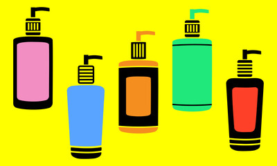 Icon set. Black silhouettes of bottles with a dispenser with gel, foam, soap. Sanitizer icons with color inserts