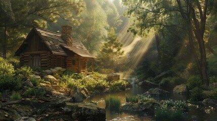 A rustic log cabin tucked away in a sun-dappled forest glade, its rough-hewn beams and fieldstone chimney blending harmoniously with the natural surroundings.  - obrazy, fototapety, plakaty