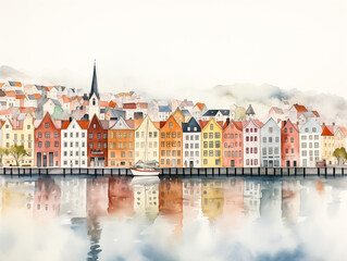 Minimal watercolour of Norway. View of Bergen, facades front view, tranquil surfaces, watercolor - 790342897