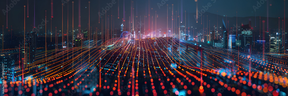 Poster smart city and abstract dot point connect with gradient line and aesthetic intricate wave line desig