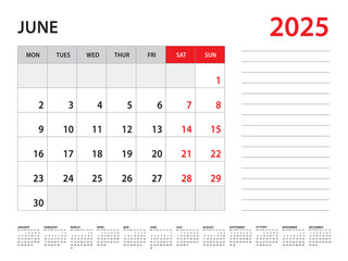 June 2025 year - Calendar 2025 template vector, week start on monday, Desk calendar 2025 year, Wall calendar design, corporate planner template, Stationery, organizer diary, vector