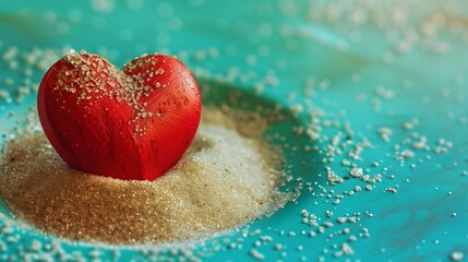 Obraz premium Artistic Representation of International Cardiology Day with a Heart in Sand on a Turquoise Background, Emphasizing Charity and Care