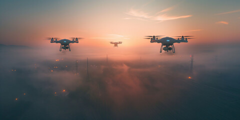 Moderne Drohnen Luftfahrzeuge zur Personenbeförderung fliegen in der Luft, ai generativ