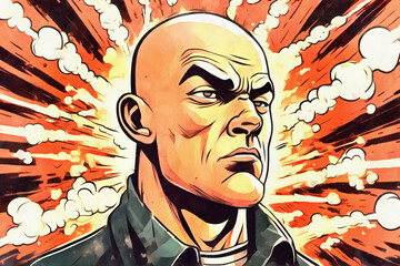 Cartoon portrait: Shaved head male person, anger bubbling in bulging eyes, steam from ears, fiery red face, clenched jaw. - obrazy, fototapety, plakaty