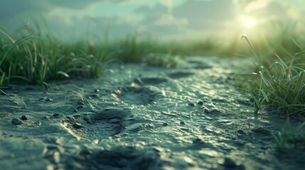 A close up of a dirt road with grass and sun, AI