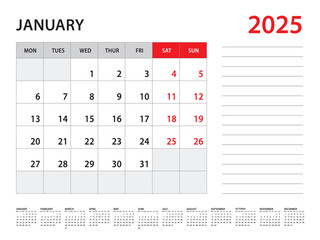January 2025 year - Calendar 2025 template vector, week start on monday, Desk calendar 2025 year, Wall calendar design, corporate planner template, Stationery, organizer diary, vector