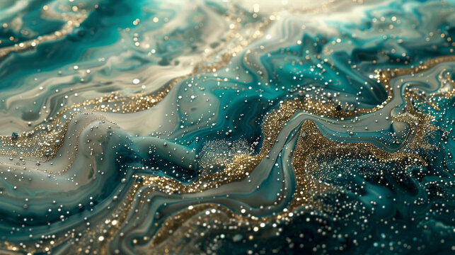 A marbled journey of desert sand and ocean teal, with a trail of silver sparkles. 