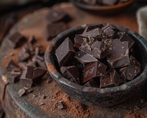 Indulgent dark chocolate chunks presented in a rustic bowl, implying richness and gourmet taste