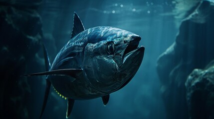 Fototapeta premium A large fish swimming in the water with some rocks behind it, AI