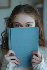 Blue-eyed teenage girl covers half of her face with a diary 