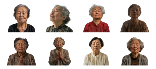 Elderly East Asian woman meditating peacefully cut out png on transparent background