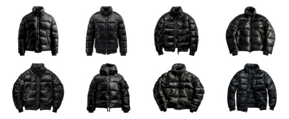 Stylish collection of black puffer jackets cut out png on transparent background