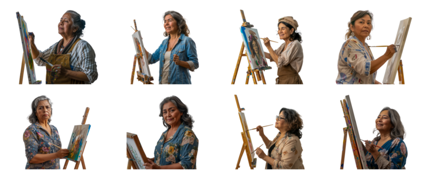 Amused middle-aged Hispanic woman painting on canvas cut out png on transparent background - Powered by Adobe