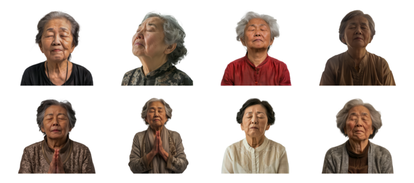 Elderly East Asian woman meditating peacefully cut out png on transparent background