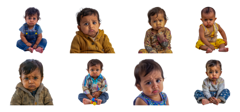 Sad South Asian baby with quivering lip after toy drops cut out png on transparent background
