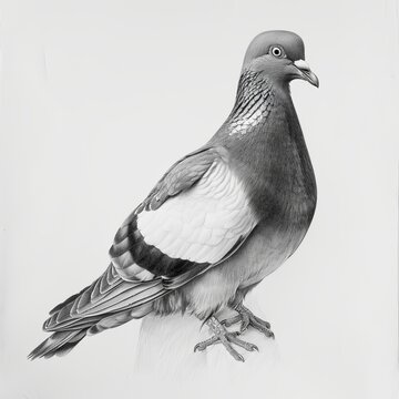 Wood Pigeon Black and White Pencil Sketch on a White Background