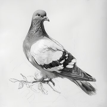 Wood Pigeon Black and White Pencil Sketch on a White Background