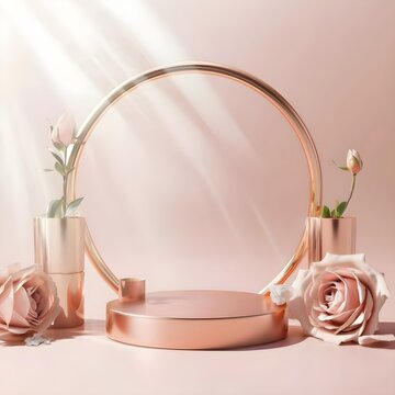 floral mother's day round podium for products showcase, promotional sale, in rose gold, floating colorful peonies empty space for text, stock images, stock photos