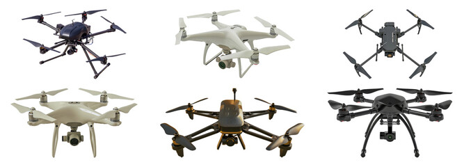 Variety of unmanned aerial vehicles (UAVs) for technology and surveillance cut out png on transparent background