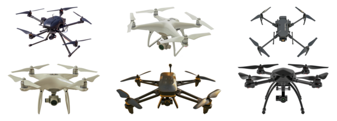 Variety of unmanned aerial vehicles (UAVs) for technology and surveillance cut out png on transparent background