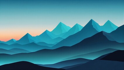 Abstract minimalistic background with mountains and hills at sunset or sunrise in blue and turquoise tones.