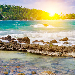 View of an Indian Ocean lagoon with tropical vegetation on the shore, a sandy beach and a coral reef. - 790344686